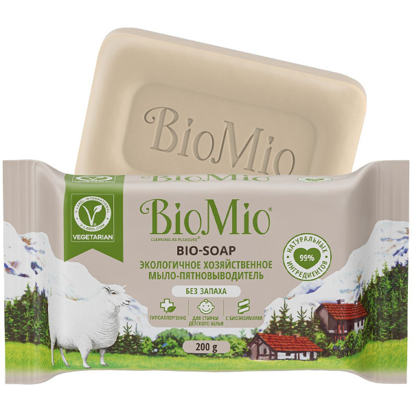 Эко твердое хозяйственное мыло-пятновыводитель BioMio® BIO-SOAP для стирки белья, 200 г