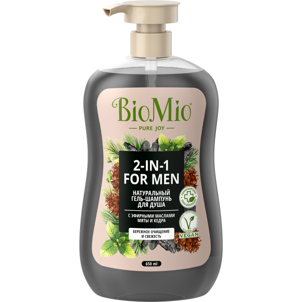 Гель-шампунь для душа мужской BioMio® BIO SHOWER BODY & HAIR GEL 2в1, мята и кедр, 650 мл